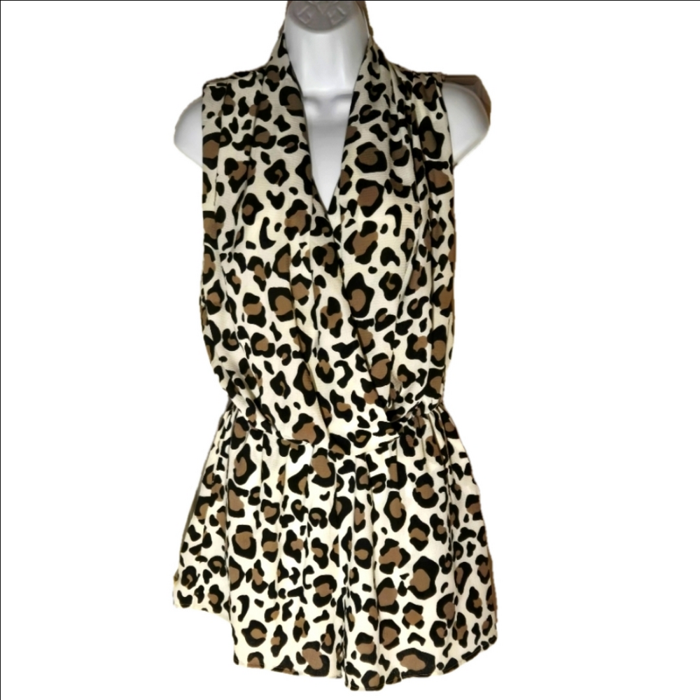 Bibi Leopard Print Romper Plunge Neckline Cinched Waist Animal Print Large Short